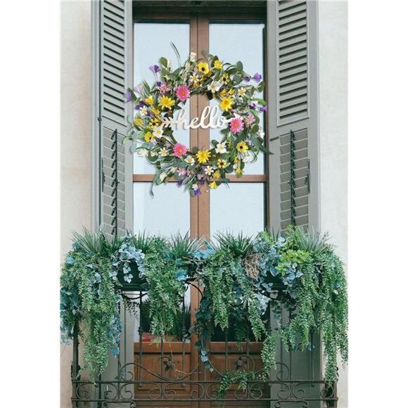 Spring Wreaths for Front Door, 22 Inch Eucalyptus Wreath with Hello Sign - Picture 6 of 7